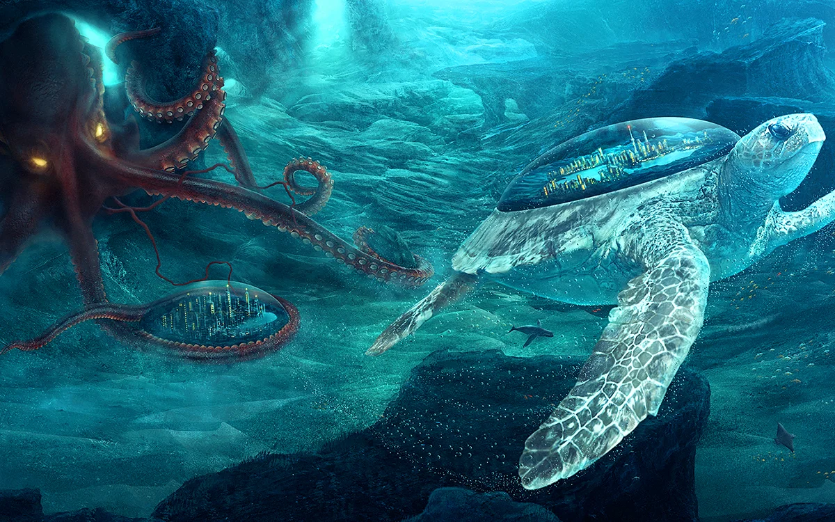 Chukwa's Escape: underwater scene with a giant turtle and octopus